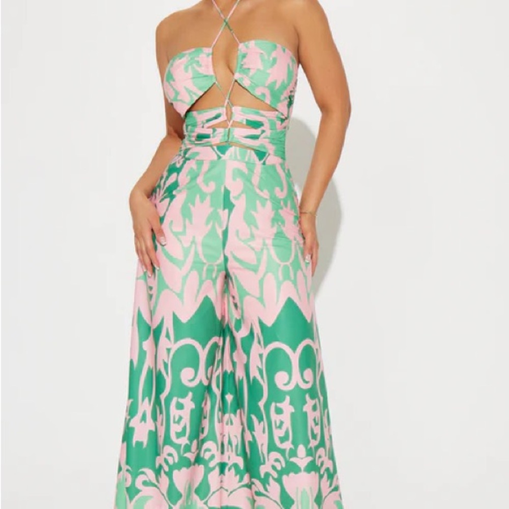 Fashion Nova Pink and Green Strapless Cutout Jumpsuit